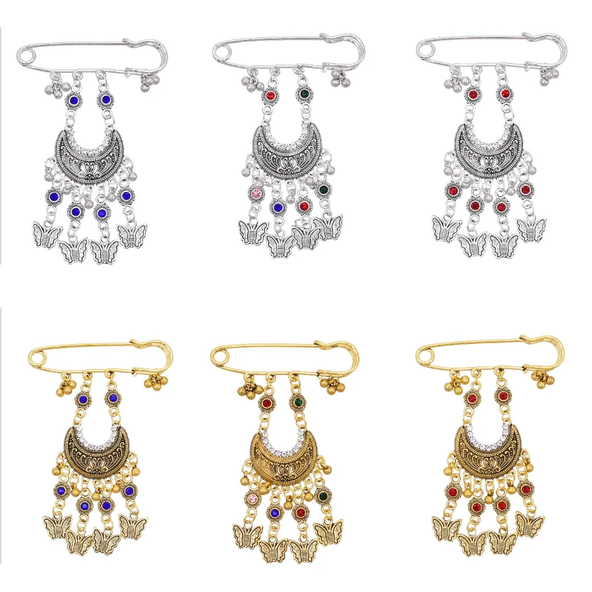 Vintage Style Women's Brooch Anti-Gap Pin Suits Coats Exotic Palace-Style Crescent Moon Butterfly Tassel Pin Brooch