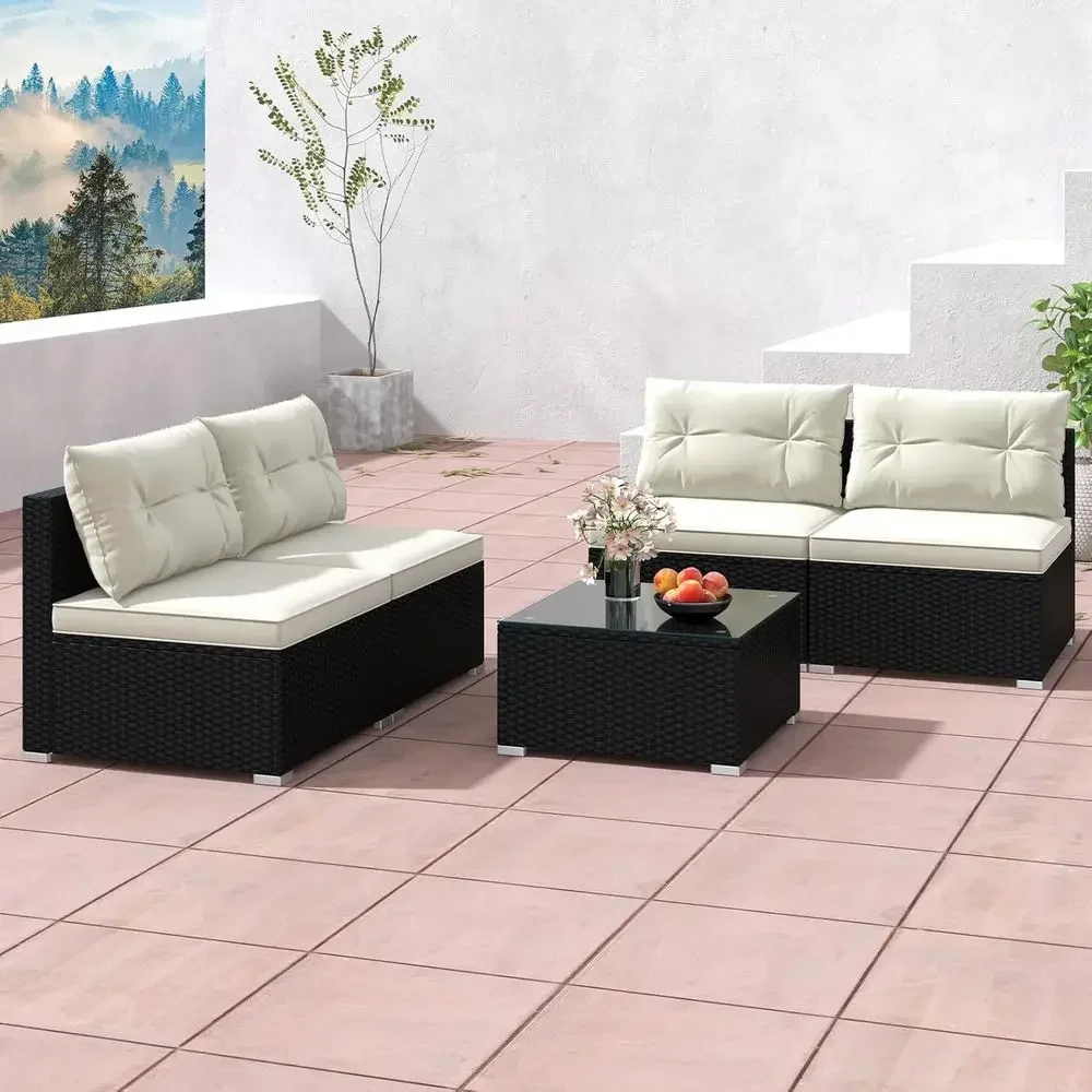 5-Piece Outdoor Patio urniture Set, Rattan Sectional Soa Set w/Glass-Top Coee Table, Sot Seat & Back Cushions, Bistro Set or Gar