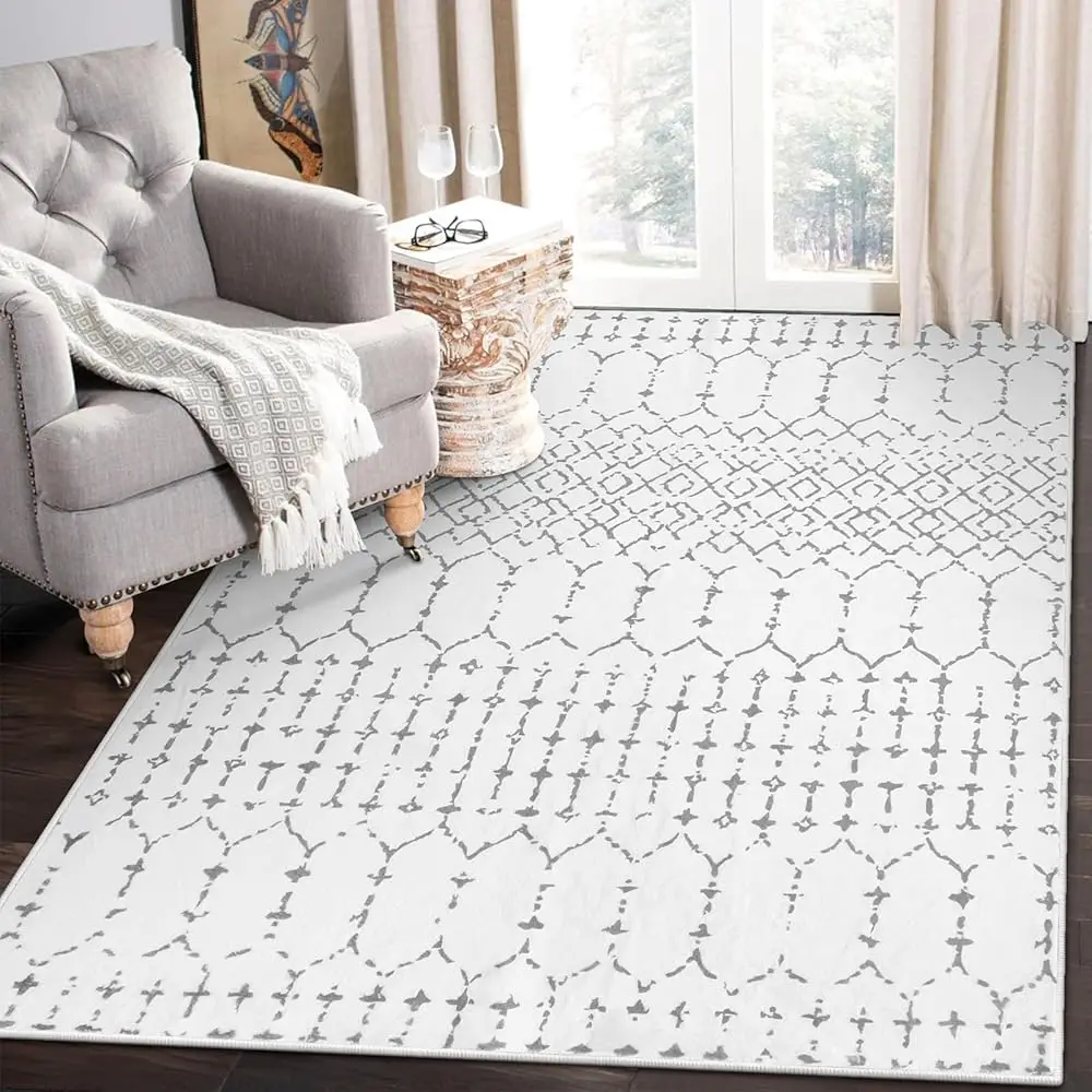 

Moroccan Area Rug For Living Room - 4X6 Rug Washable Non-Slip Soft Bedroom Carpet Lightweight Throw White Office Rug, Modern
