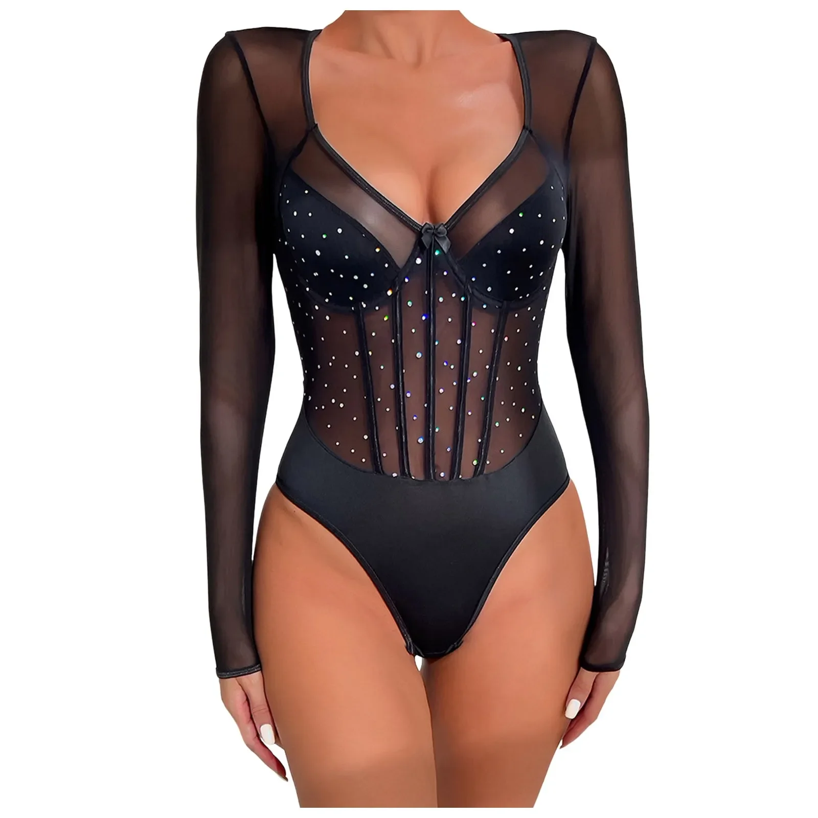 ผู้หญิงหนึ่งชิ้นเซ็กซี่ชุดชั้นในประกายแขนยาวJ Umpsuitเซ็กซี่บอดี้สูทสําหรับผู้หญิงบางเฉียบเซ็กซี่ชุดชั้นในS Hapewear