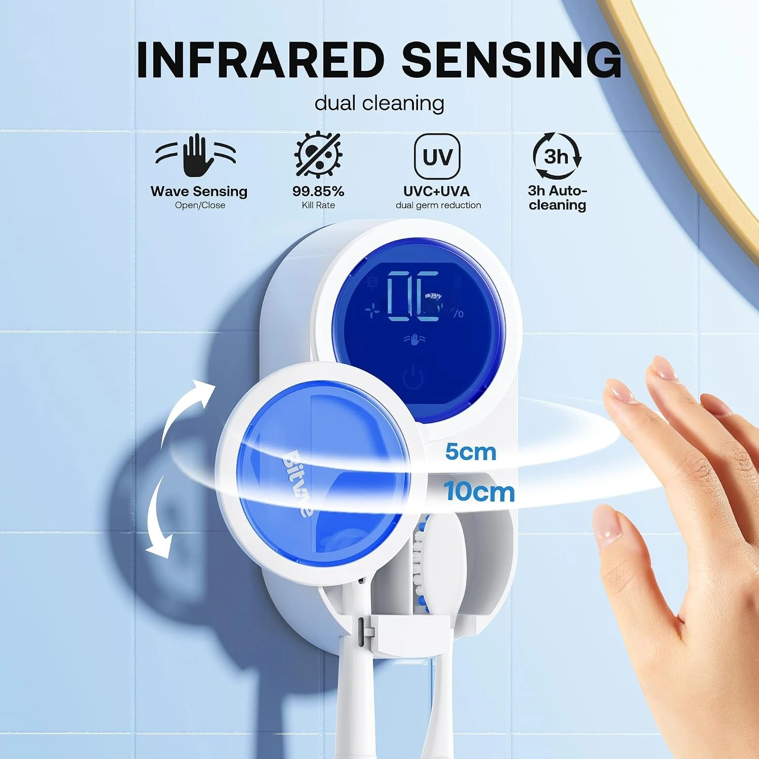 Tooth Brush Holder for Bathroom 2.0 Infrared Sensing Toothbrush Cleaner Wall-Mounted for Most Size Toothbrushes LED Smart Screen