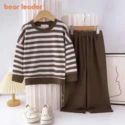 Bear Leader Autumn New Children's Clothing Coffee Striped Top+Solid Color Pants 2 Piece Set Korean Style Casual Girls Clothes