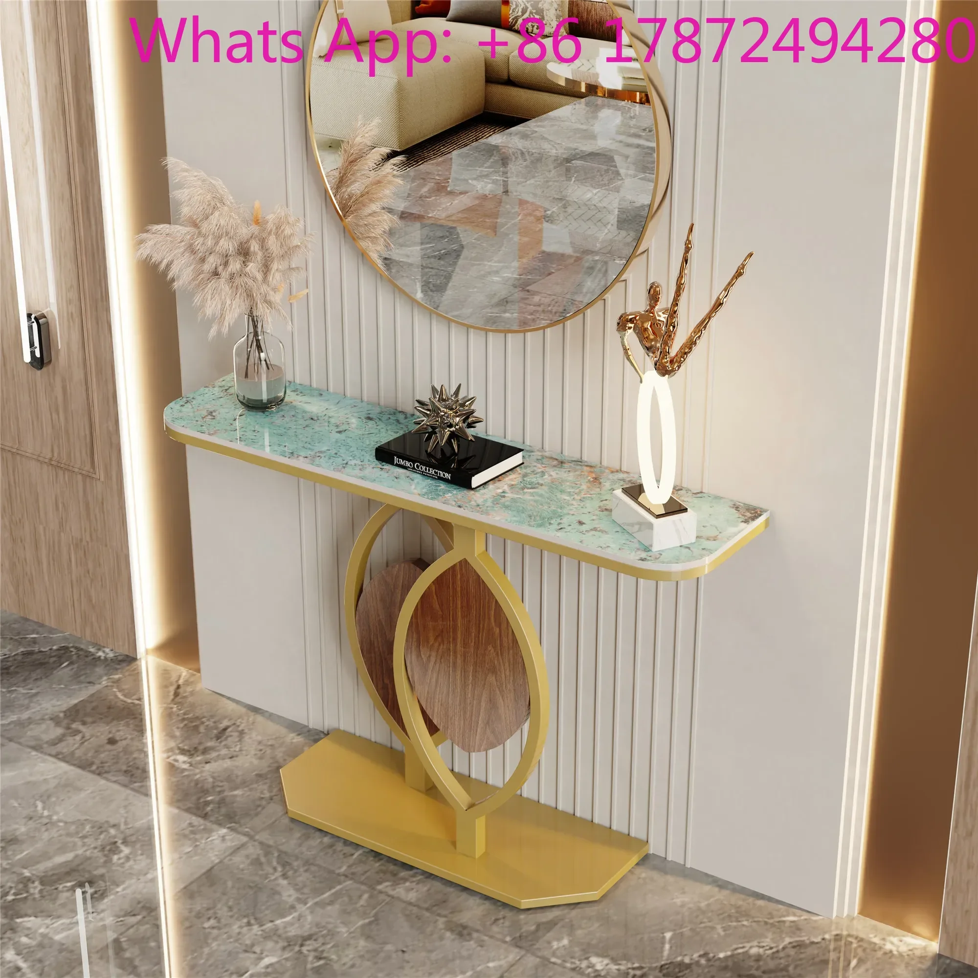 

Modern Gold Console Table with Geometric Metal Base, Sintered Stone Narrow Entryway Table Foyer Table for Entrance