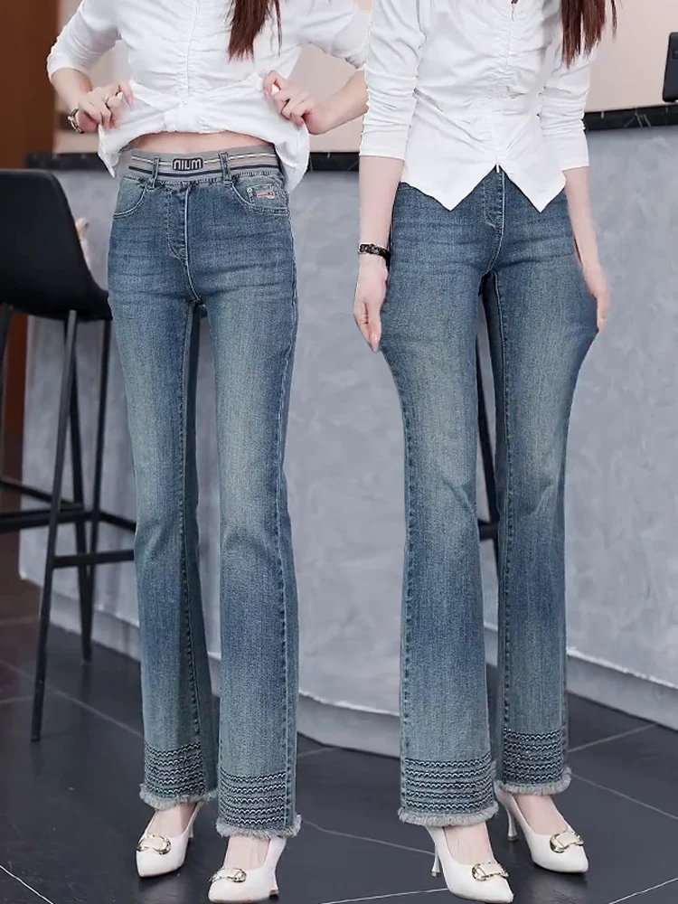 Hohe Taille Abnehmen Faionable Bell Bot Jeans Damen elastische ausgefranste Sommer Baumwolle Polyester Mischung gerade Beinjeans