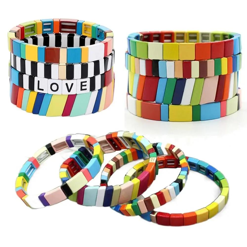 Colorful Handmade Rainbow Bracelets Set Stackable Rectangle Beads Geometric Bangle Color Block Elastic Enamel Pulsera Women