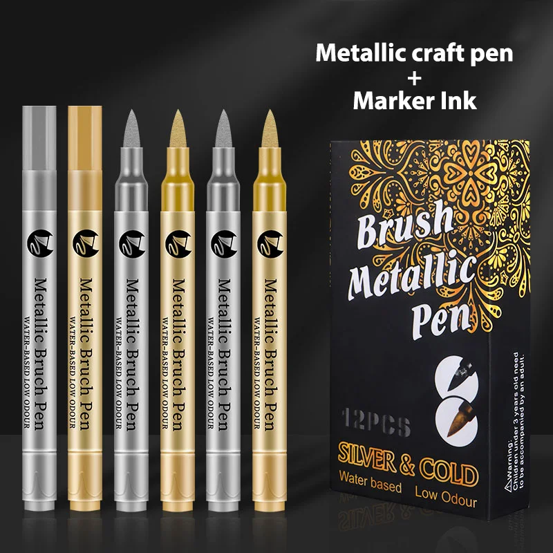 High-Gloss Metallic Craft Pen Set - Gold Silver & 20ml Ink Soft-Tip Waterproof Quick-Drying Water-Based Paint Markers for Crafts