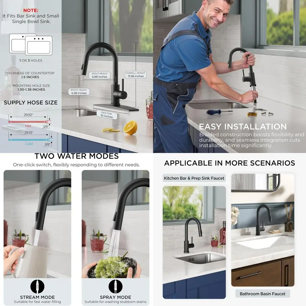 

Stainless Steel Pull-Down Spray Kitchen Faucet with High Arc and Deck Plate, Suitable for 1 or 3 Hole Installations, Ideal for B