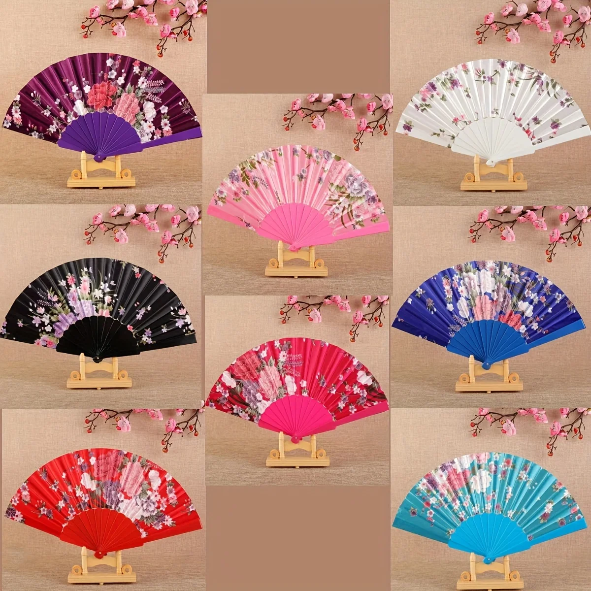 8pcs Set of Non-repeating Designs, Handheld Folding Fans, Fabric Sunshade, Floral Pattern, Vintage Hand F