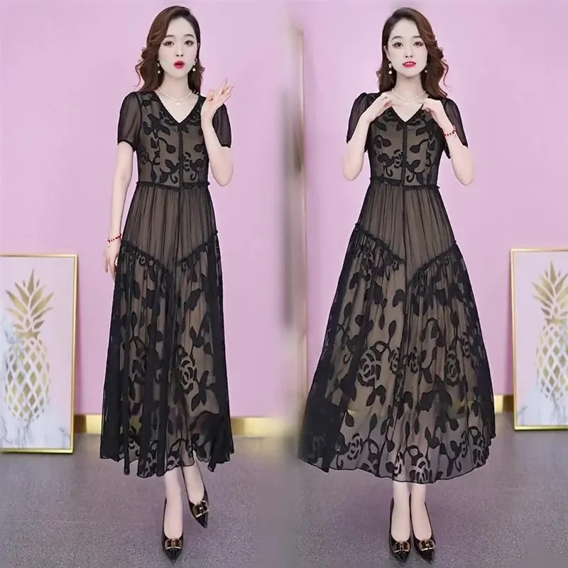 

High-End Big-Name Temperament V-Neck Dress 2022 Summer New Fashion Slim Fit, Slimming, Belly-Covering, Middle-Aged Mother Skirt