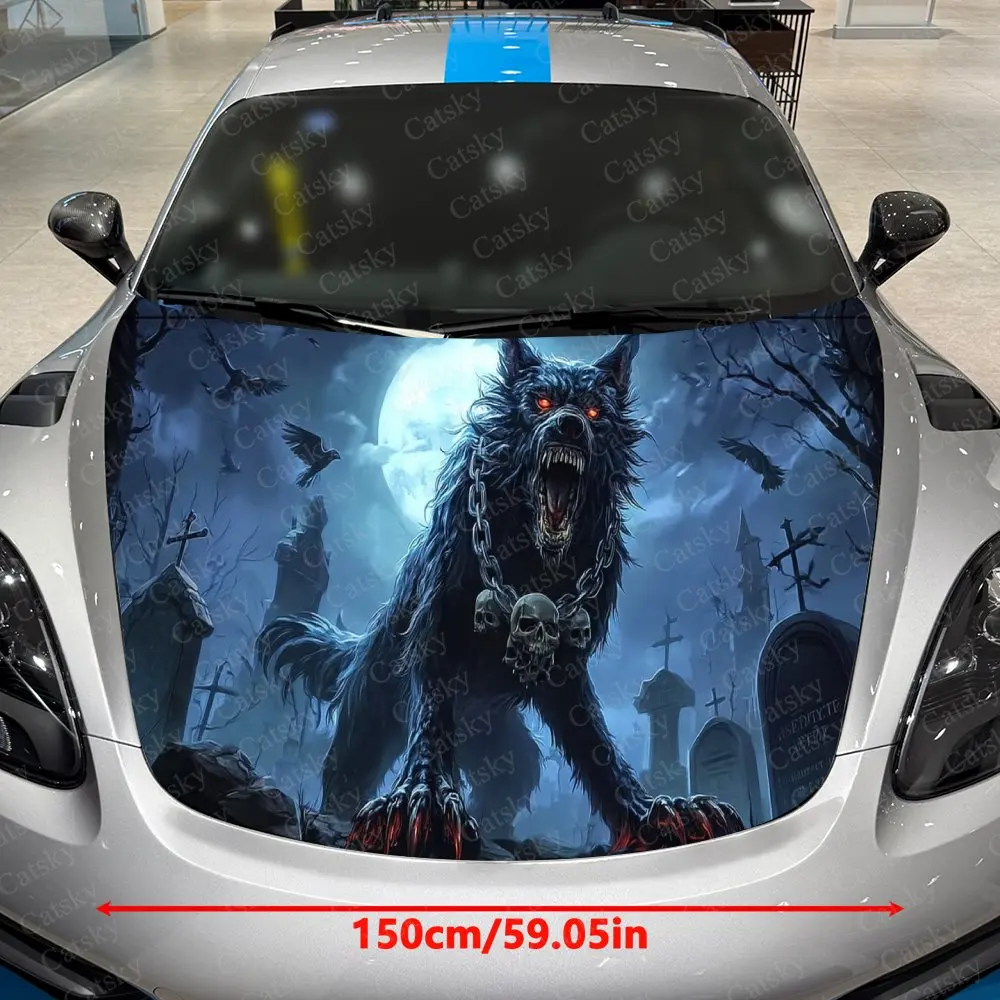 Blood-Eyed Wolf Spirit Car Vinyl Wrap, PVC Waterproof Car Hood Sticker, Self-Adhesive Scratch-Resistant Stickers