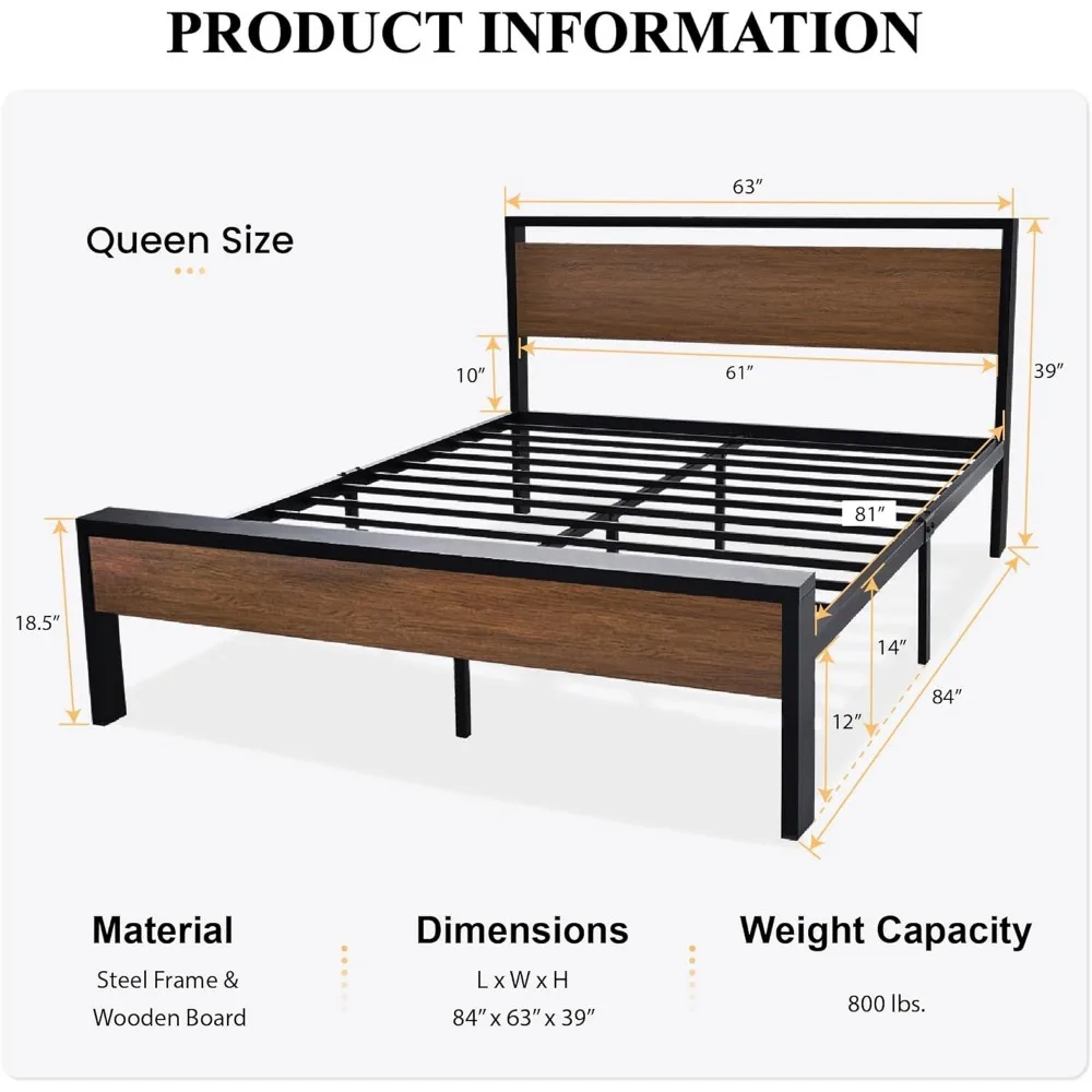 14 Inch Queen Size Metal Platform Bed Frame with Wooden Headboard and Footboard, Mattress Foundation