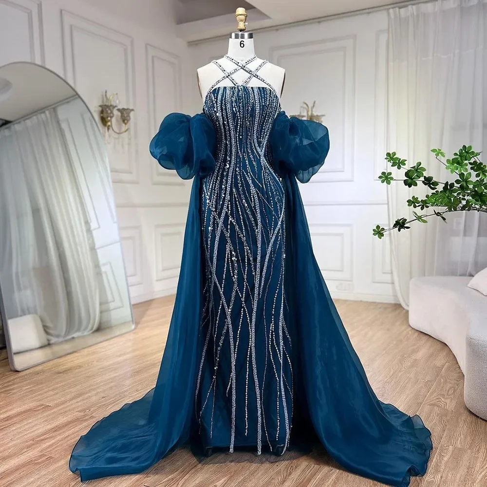 Serene Hill Customized Blue Mermaid Puff Cape Sleeves Dubai Evening Dresses 2024 Beaded Party Gowns For Women DLA72072