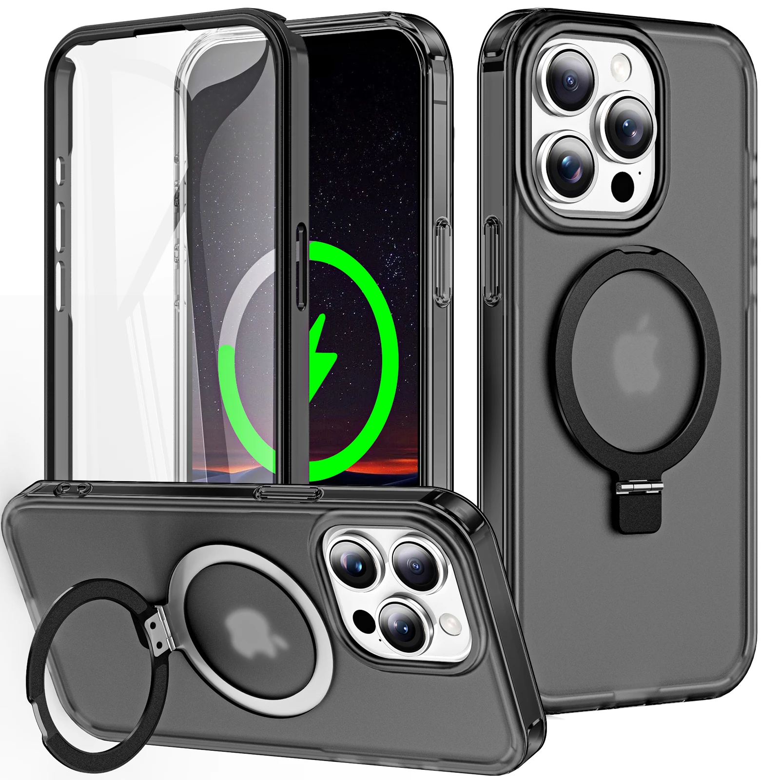 

Shockproof Matte Clear Kickstand Case with Built-in Screen Protector For iPhone 15 Pro Max 14 13, Full Body Protection Cover