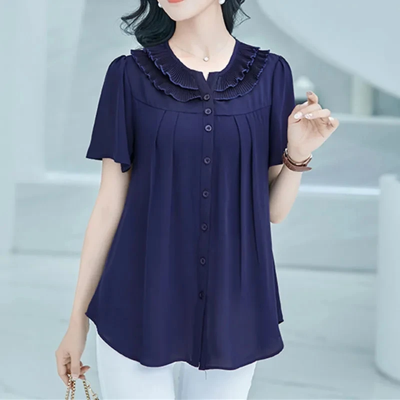 

Elegant Ruffles Folds Button Shirt Women's Clothing 2022 Spring Summer New Casual O-Neck Short Sleeve Loose Blouse Lady A1046