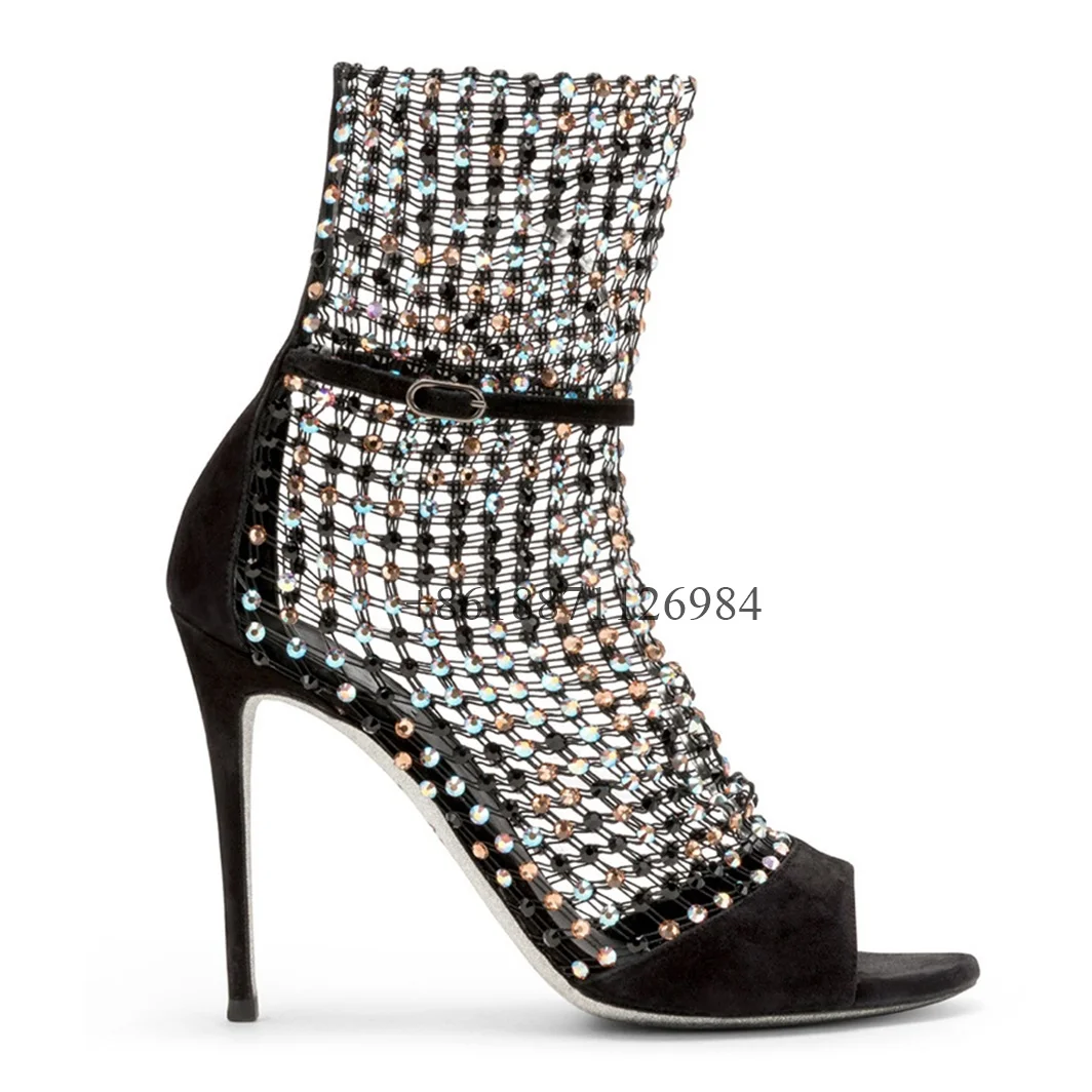 

Sexy Style Bling Rhinestone Peep Toe Hollow mesh Summer Women Sandals Stiletto High Heels Back Zipper Design Fashion Show Shoes