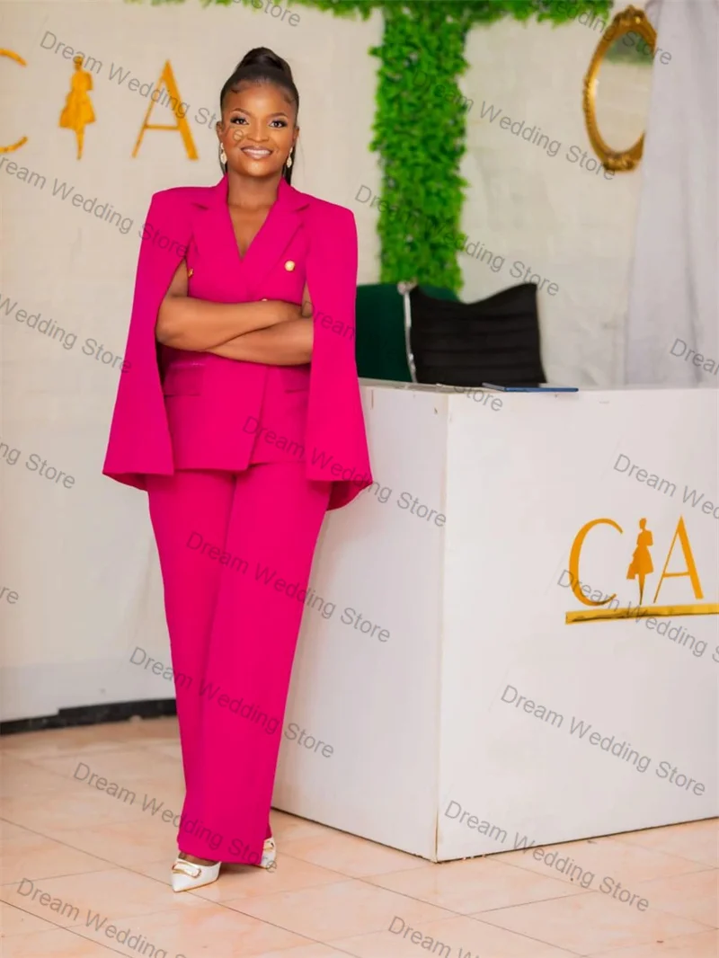 

Pink Wrap Women Suit Set 2 Pcs Blazer Pants Trousers Split Sleeves Autumn Formal Office Lady Jacket Customized Wedding Coat