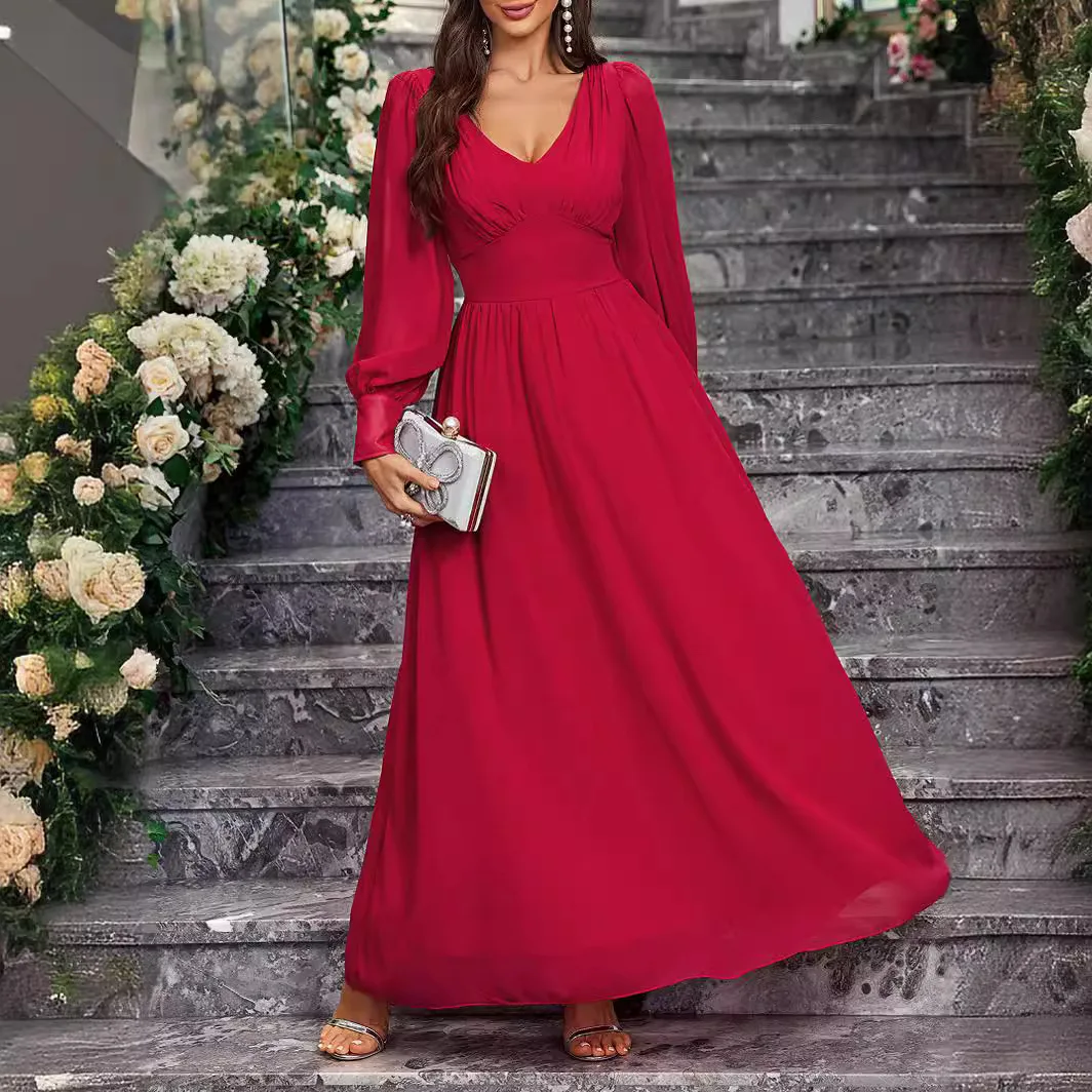 

Women Elegant Dress Summer Sexy V-neck Long Sleeve Chiffon Pleated High Waist Slim A-line Flowing Skirt Fashion Banquet Party