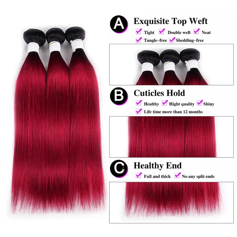 Ombre Red Straight Hair Bundles Brazilian 100% Human Hair Weave Bundles SOKU 1/3PCS/4PCS Bundles Deals Remy Hair Extension