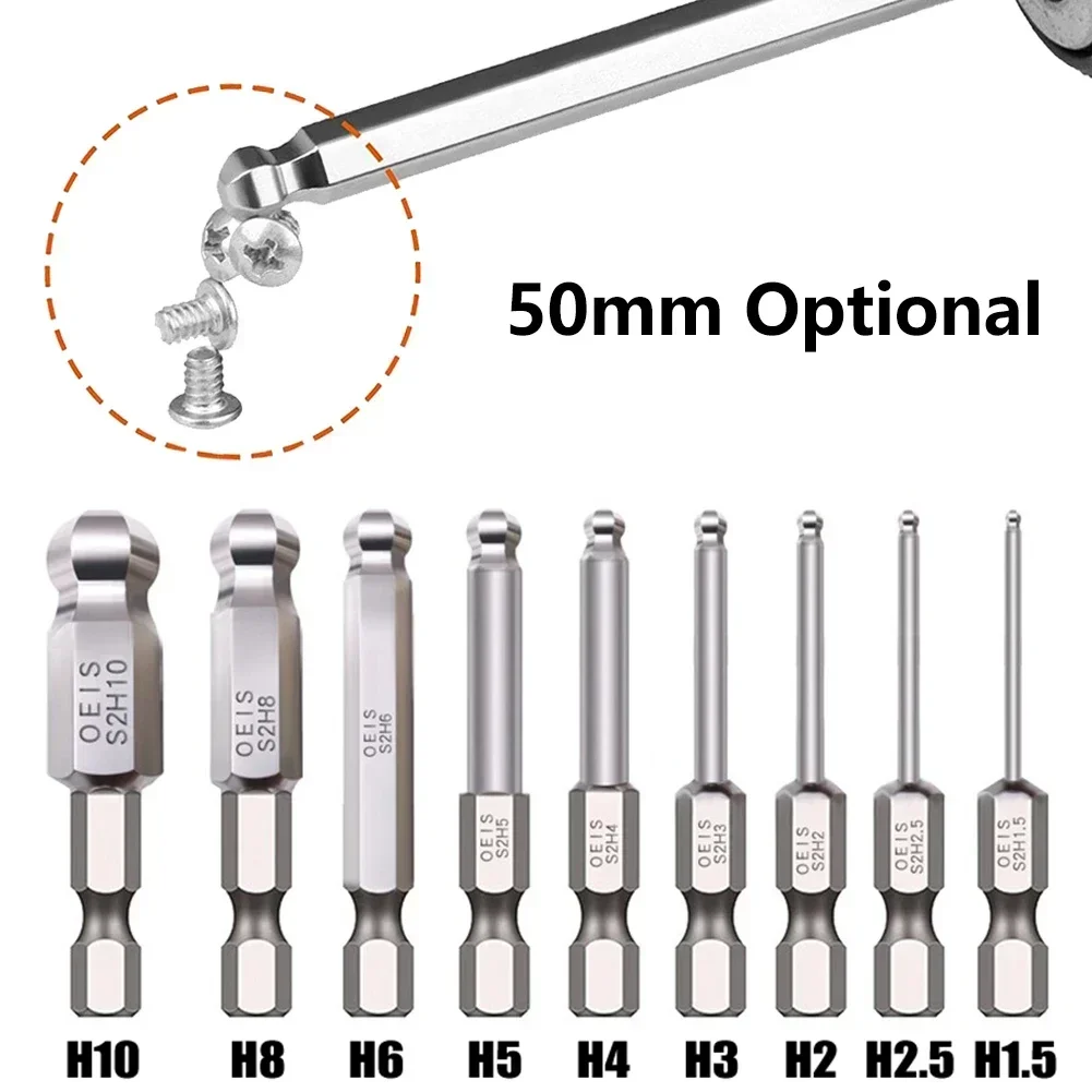 50mm Hex Screwdriver Bit Ball End Long Magnetic Driver Bit Ball Head Driver Bit Hand H1.5 H2.5 H3 H4 H5 H6 H8 H10