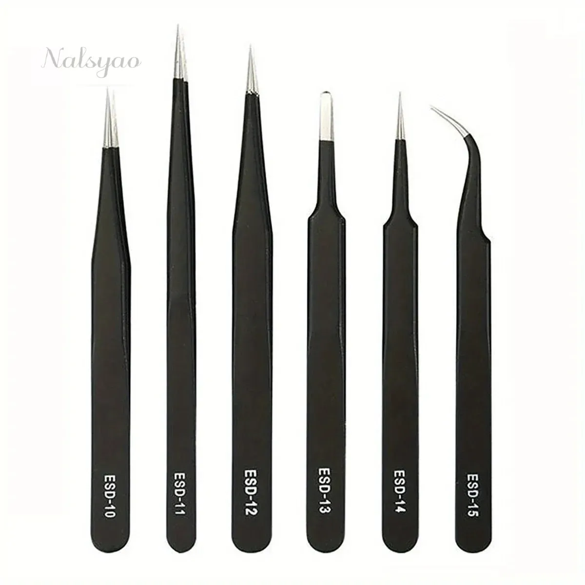 Precision ESD Anti-Static Tweezers Set 6-Pc Durable Stainless Steel Tool for Electronic Repair Process Modeling Bending & St