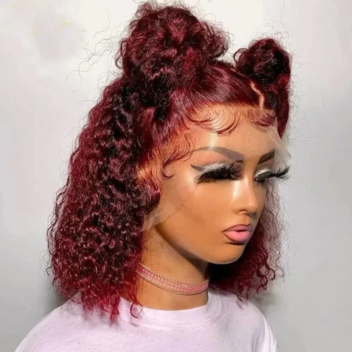 Peluca Frontal de onda profunda 13x4, peluca con malla Frontal Borgoña 99J, peluca de pelo corto Bob, cabello humano HD, encaje transparente, línea de cabello prearrancado