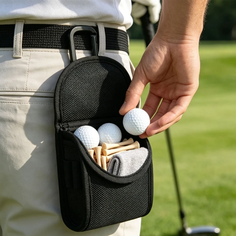 Clip On Golf Ball Holder for Walking Rounds and Practice Use, Textured Fabric Golf Accessory Case for Small Items, Compact 24BD