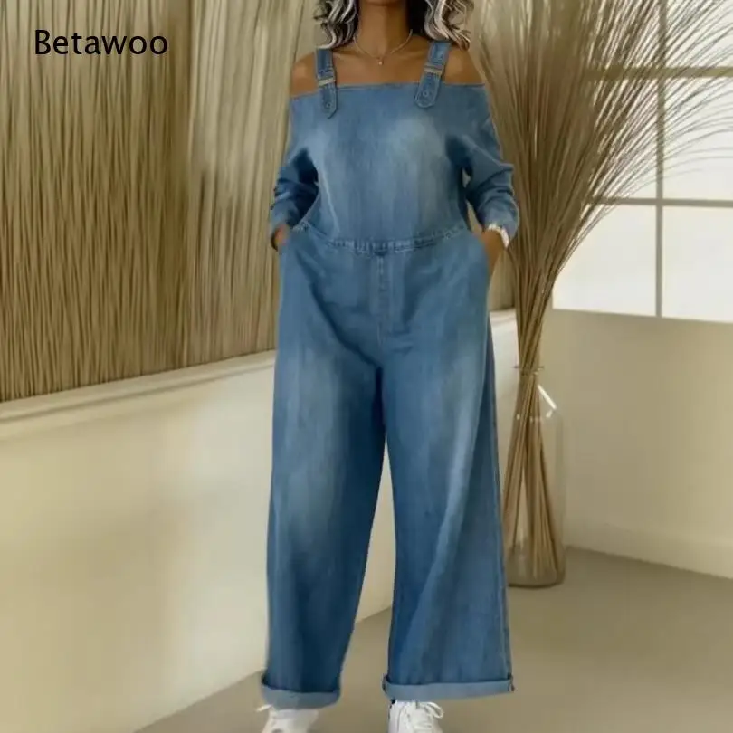 Ladies Cold Shoulder Denim Jumpsuit Long Sleeve Adjustable Strap Wide Leg Rolled Cuff Jean Rompers Washed Daily Outfit