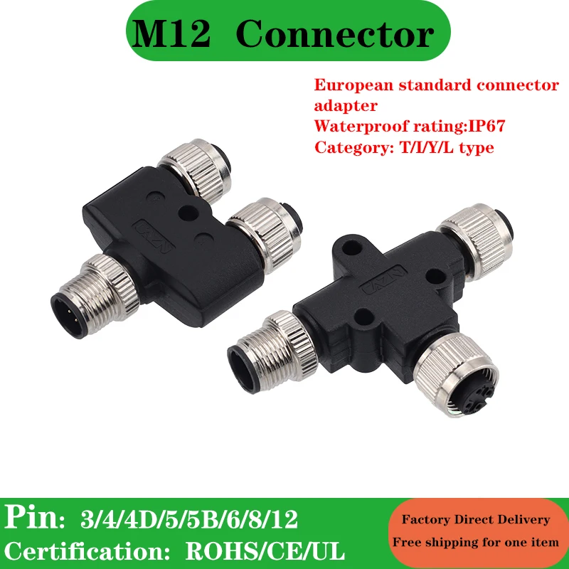 Waterproof M12 3/4/5/8/12 Pin Connector Adapter IP67 1 to 2 Male To Female Y/T/L/-type Plug D-type M12 to M8 B-type Joint Plug