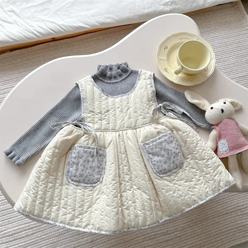 Baby Girls Quilted Dress Sets Sleeveless O-neck Floral Print A-Line Padded Frock+Ruched Turtleneck Long Sleeve Sweater 2pcs Suit