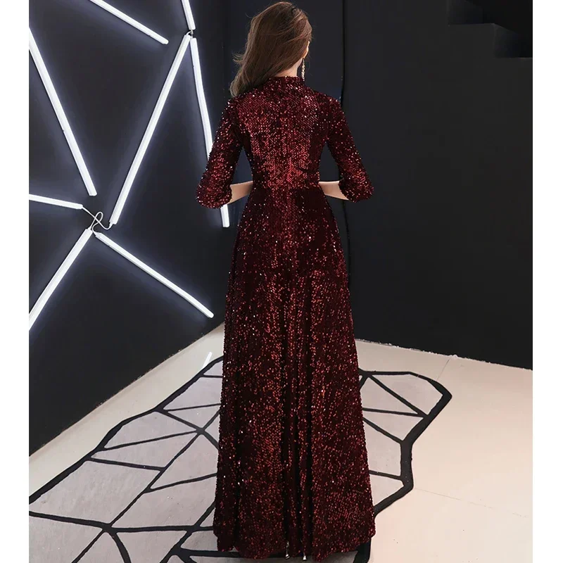 It\'s YiiYa Evening Dress Dark Wine Red Sequins Plus Size Three Quarter Sleeve Women Party Formal Gown vestidos de fiesta LF081