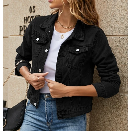 Fashion Slim Fit Turn-down Collar Denim Jacket Pure Color Versatile Stylish Commute Style Long Sleeve Women's Short Coat