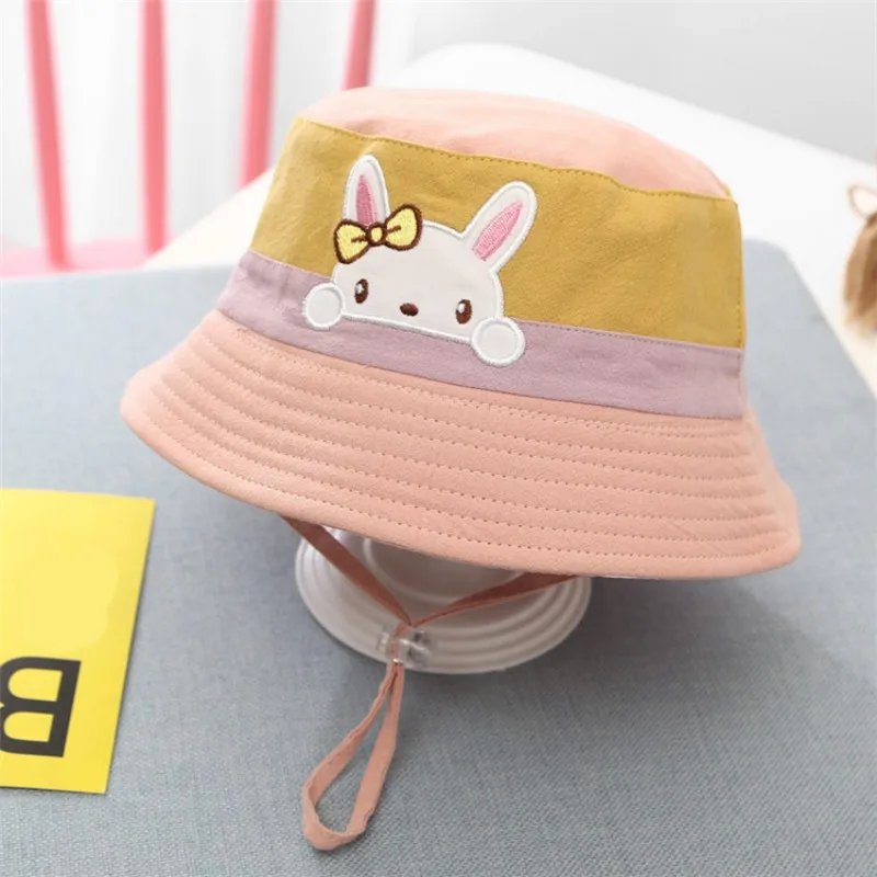 

1-4Years Kids Baby Boys Girls Bucket Hats Toddler Patchwork Color Cute Cartoon Bunny Embroidery Caps Reversible Sun Headwear