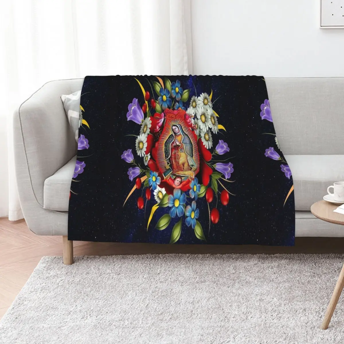 Our Lady of Guadalupe Mexican Virgin Mary Mexico Flowers Tilma Throw Blanket Thin Furry Summer Retros Blankets