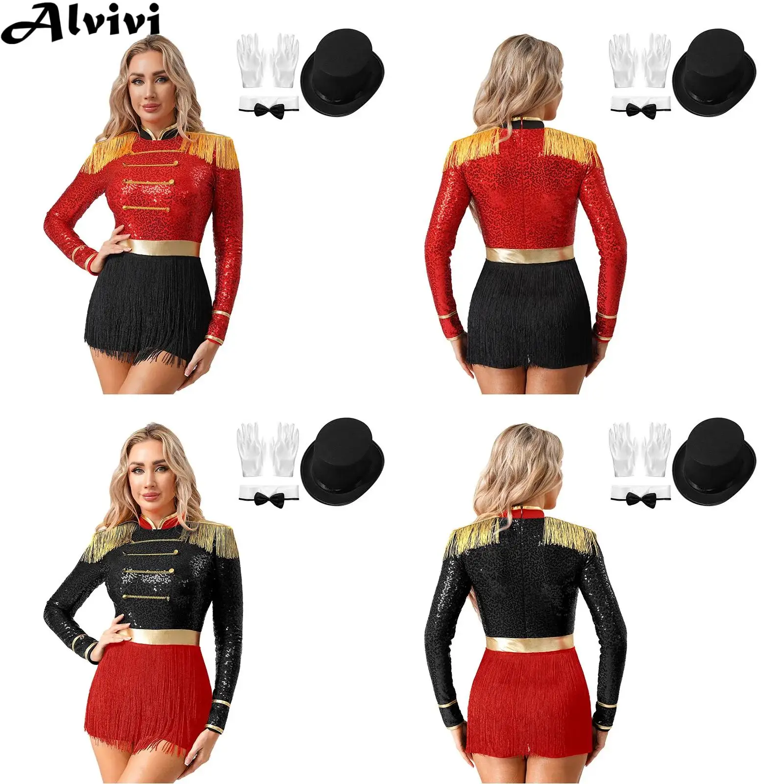 Women Long Sleeve Sequin Fringe Circus Ringmaster Bodysuit with Hat Bowtie Glove Halloween Carnival Magician Cosplay Costume