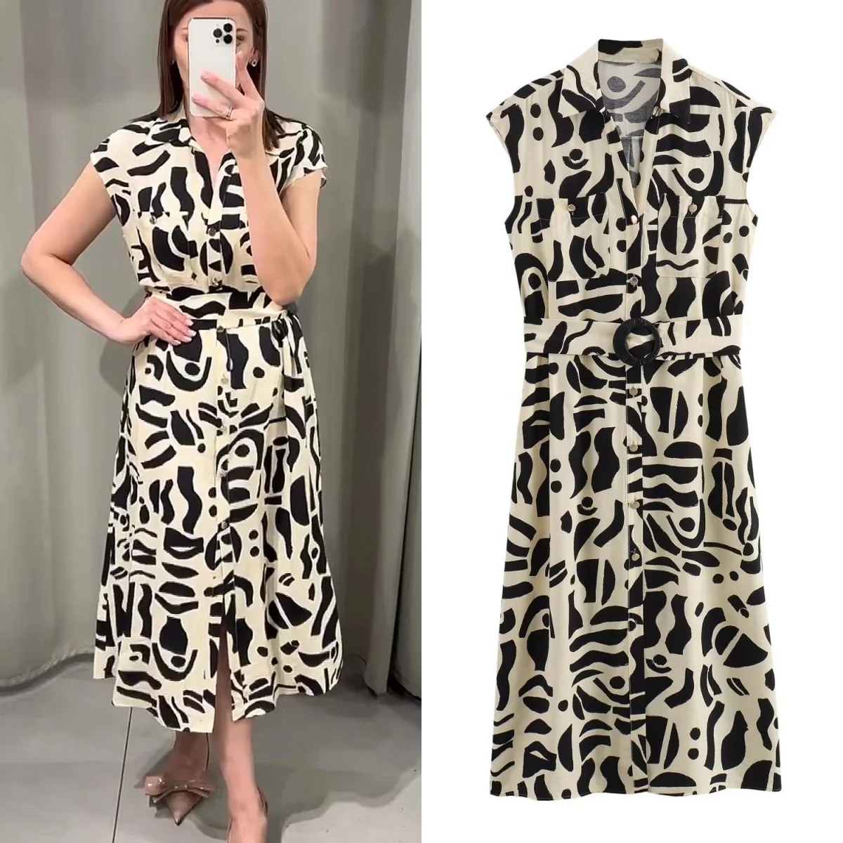 

Платье-Поло женское средней длины с поясом и принтом