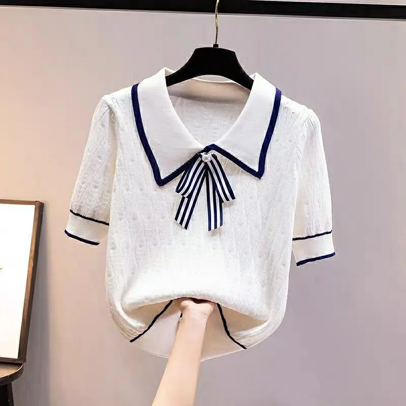 

Women Fashion Black White Patchwork Polo Shirts Summer Casual Loose Short Sleeve Knit T-shirt Office Lady Chic Button Pullovers