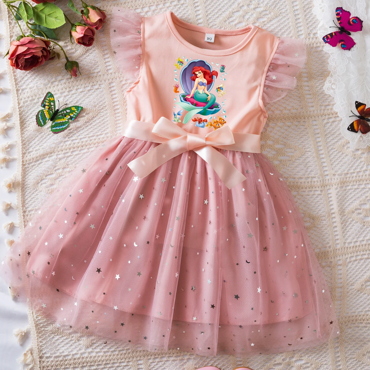 The Little Mermaid Girls Summer Clothes Flying Sleeves Bow Sequin Dress 2-6Y Kid Birthday Tutu Princess Dress for Baby Girl