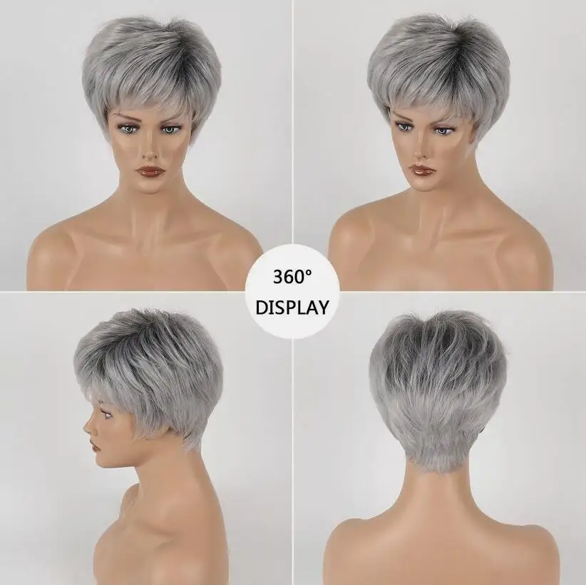 Short Layered  Cut Dark Roots Gray Synthetic Hair Wigs For Women Natural