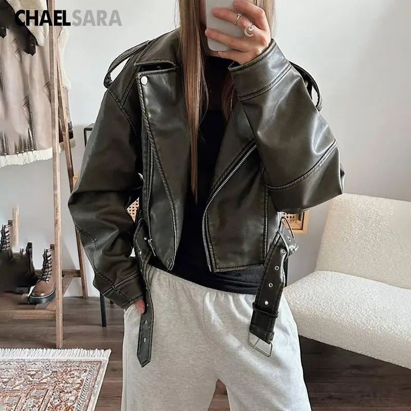 2024 Women Leather Jacket 2023 New Lapel Belt Long Sleeve Zipper Pockets Lady Short Coat Femmle Fashion Motorcycle Leather Coat