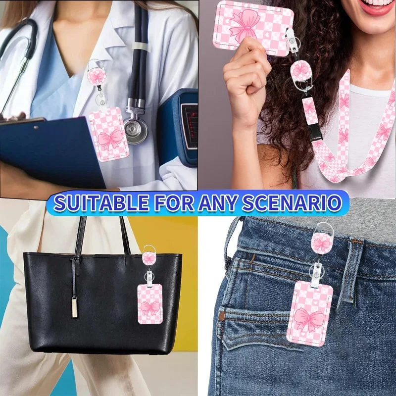 Retractable Badge Reel with Pink Bow Design UV Double-Sided ID Card Holder for Work  Adjustable Lanyard for School Office