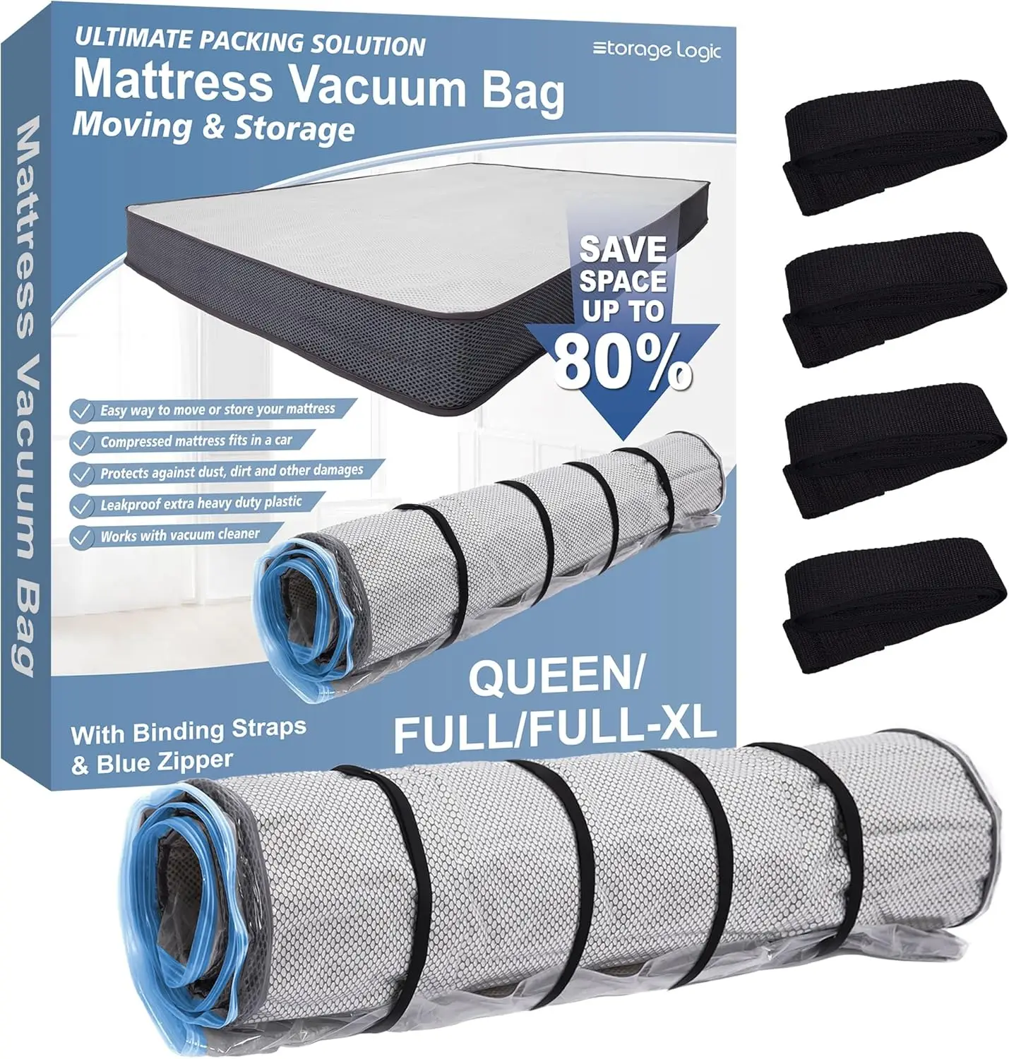 

Вакуумный мешок для матраса из пеноматериала с синей молнией, сумка для хранения матраса, ремни в комплекте, размеры Queen/Full/Full-XL
