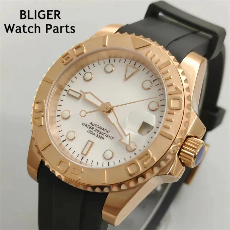 BLIGER  40mm rose gold Watch For Men 100m Waterproof NH35A Automatic Mechanical Rubber Strap Screw Down Crown