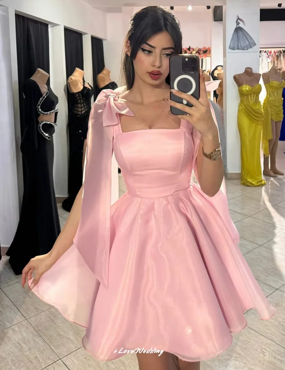 

Pink Bow Spaghetti-Strap Homecoming Dresses 2025 Satin Pleated A-Line Skirt Cute Mini Skirt Birthday Party Dresses Customized