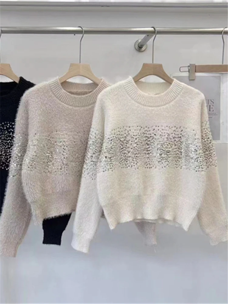 Colorfaith SW9300JX New 2024 Elegant Lady Chic Sequins Sweaters Vintage Korean Fashion Knitted Women Spring Winter Short Tops