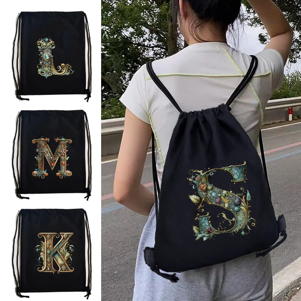 Ordinary Daily Canvas Backpack Graphic Letter Print Drawstring Sport Bag Gym Shopping Storage Carry Sack