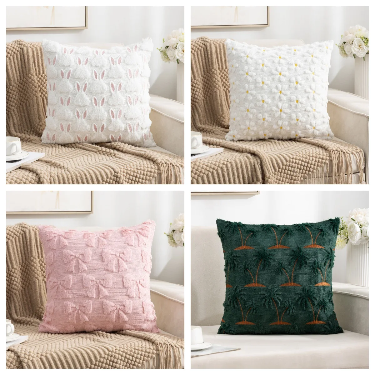 

New Quilted Quilted Embroidered Pillow Case Rabbit Fur Sofa Pillow Core-free Bedside Pillowcase Office Backrest Cushion Cover