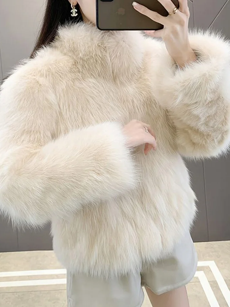 

Женское тонкое пальто из искусственного меха с длинным рукавом, корейская теплая элегантная куртка из искусственного лисы, зимняя модная куртка с воротником-стойкой на молнии, милая однотонная верхняя одежда