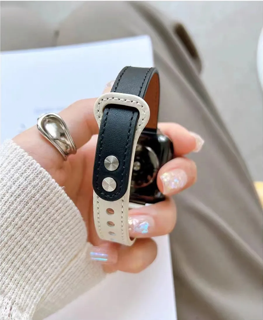 Bracelet en cuir fin pour Apple Watch, 7 8SE 6 5 4 38/42 40/44mm, pour iWatch 49Ultra 3 2 1 41/45mm, double clou