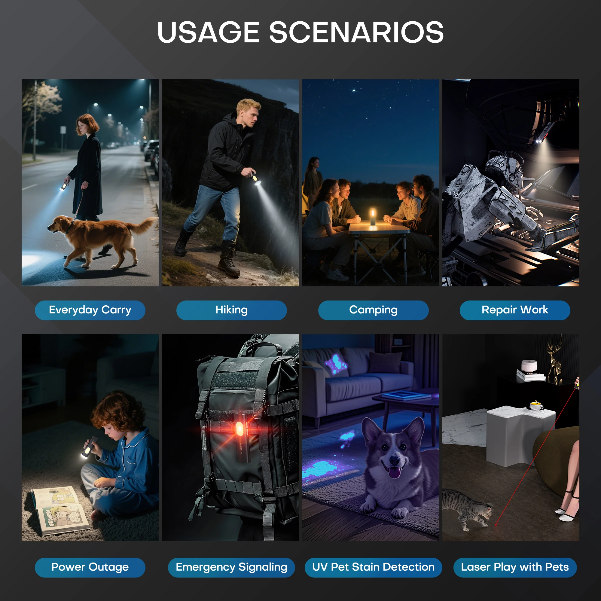 مصباح يدوي EDC مسطح قابل لإعادة الشحن، ضوء فلاش جيب 1000 لومن، 11 وضع إضاءة - مشبك ثنائي الاتجاه، ضوء LED صغير مع الأشعة فوق البنفسجية، Las الأحمر