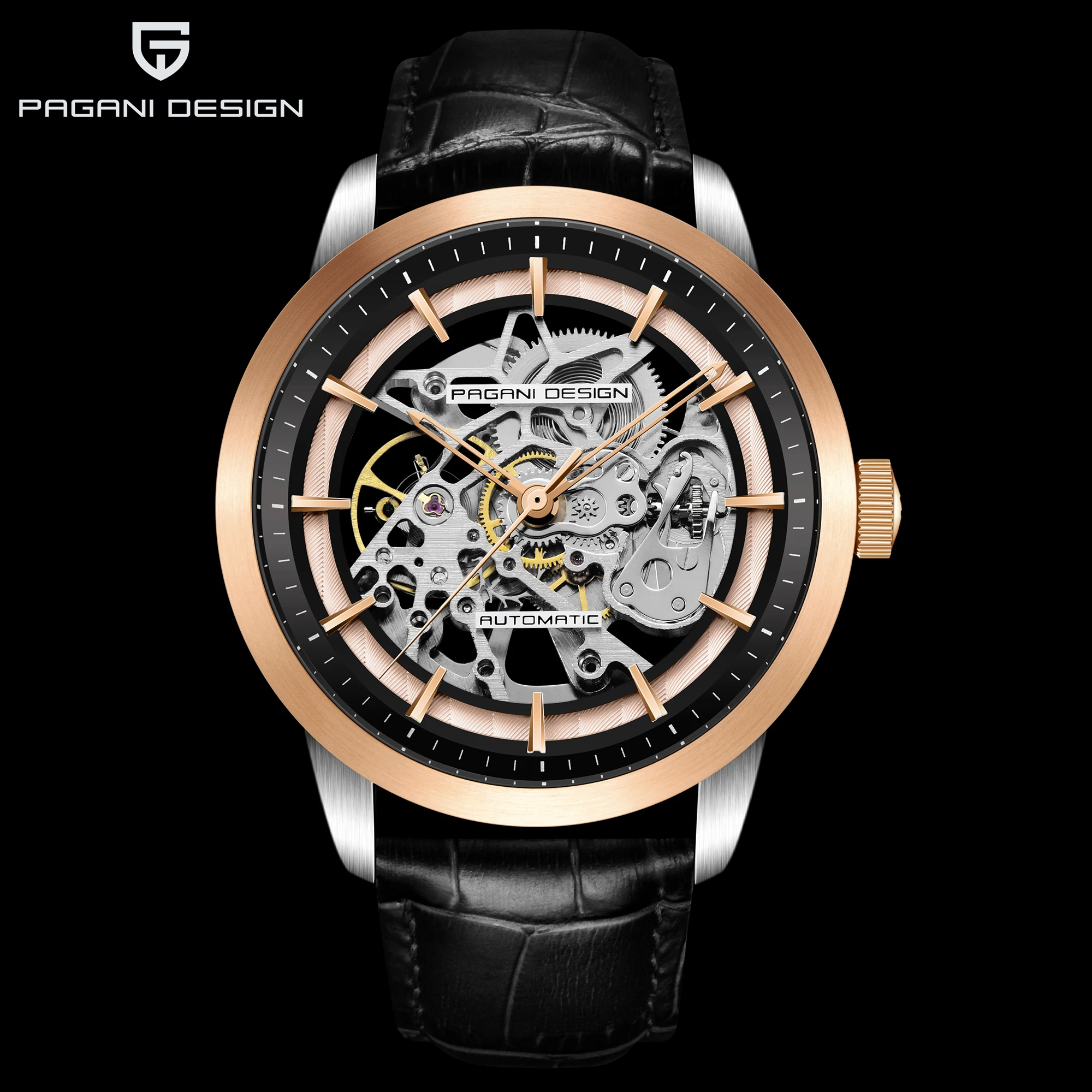 PAGANI DESIGN Men's Automatic Mechanical Watch Genuine Leather Strap 30M Water Resistance hardness Synthetic GlassCasual PD-1638